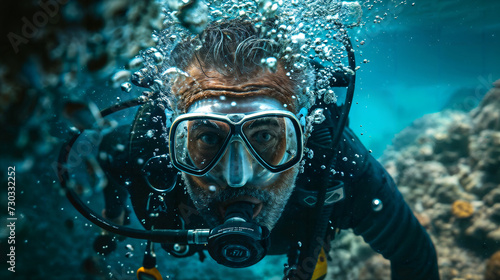 Scuba Diver Exploring Coral Reef. Generative AI © Mihai Zaharia