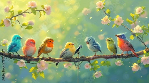 cute birds i with microphone on the tree singing songs.,spring concept photo