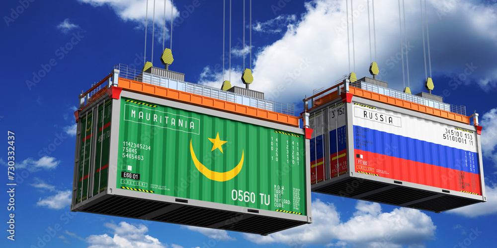 Shipping containers with flags of Mauritania and Russia - 3D illustration