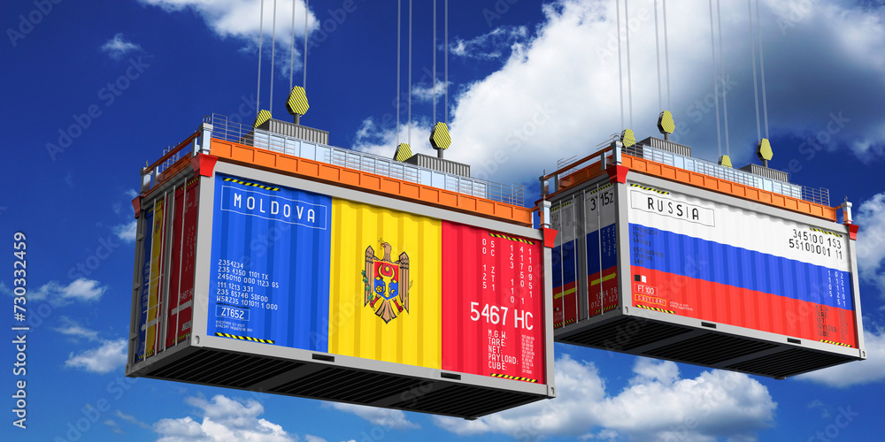 Shipping containers with flags of Moldova and Russia - 3D illustration