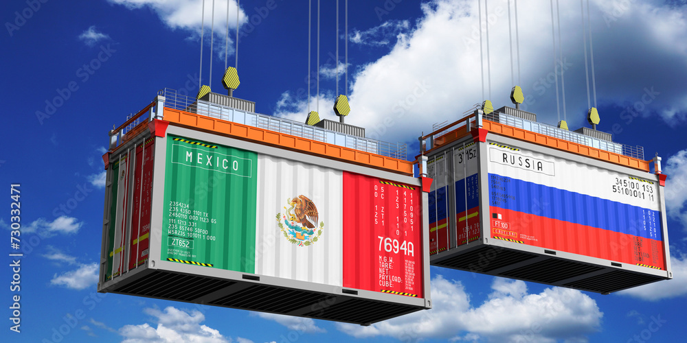 Shipping containers with flags of Mexico and Russia - 3D illustration