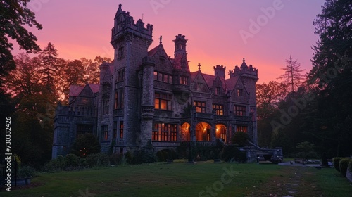 The castle is bathed in a soft, rosy glow as the sun sets, a fairytale vision...