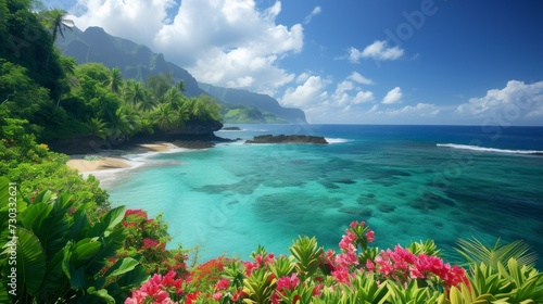 Exotic flora lines the coast, creating a lush, tropical paradise