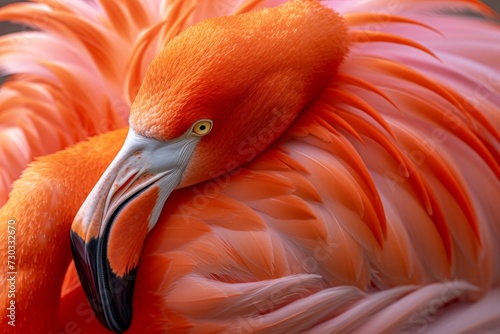 A close-up showcases the fiery hues of a flamingo's feathers, a testament to ...