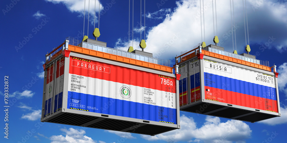 Shipping containers with flags of Paraguay and Russia - 3D illustration Shipping containers with flags of Paraguay and Russia - 3D illustration