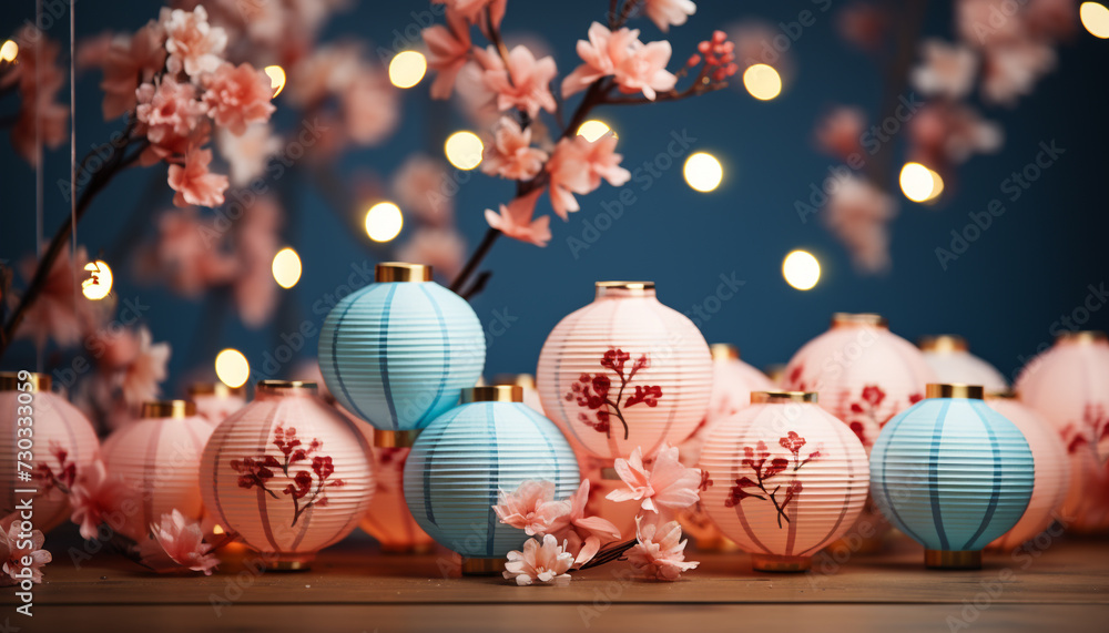 Abstract glowing lanterns illuminate the dark winter night, symbolizing celebration generated by AI