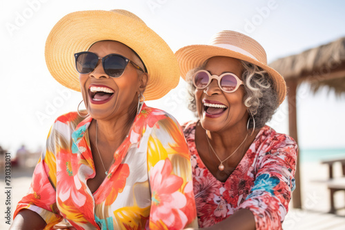 Joyful senior women enjoying beach vacation in summer. Friendship and travel.