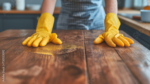 Person Wearing Yellow Gloves on Top of Wooden Table