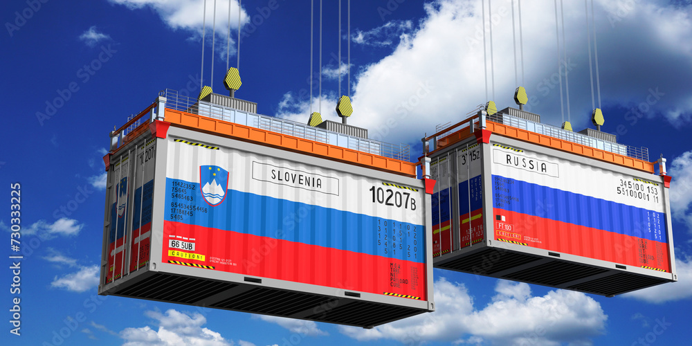 Shipping containers with flags of Slovenia and Russia - 3D illustration Shipping containers with flags of Slovenia and Russia - 3D illustration