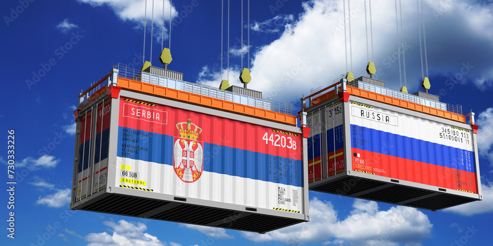 Shipping containers with flags of Serbia and Russia - 3D illustration