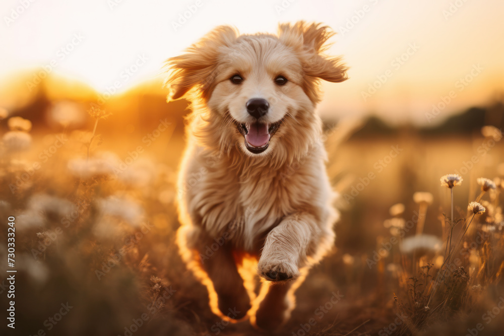 Joyful golden retriever running through field at sunset. Pet happiness and vitality. Joyful golden retriever running through field at sunset. Pet happiness and vitality.