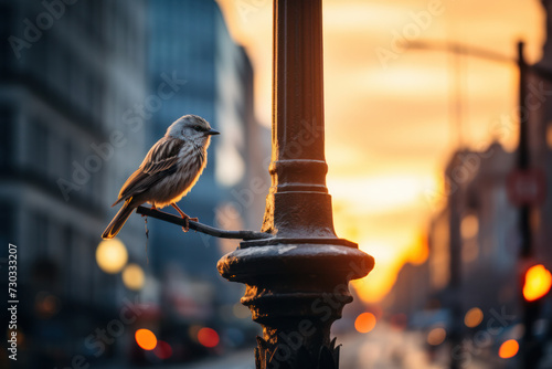 Sparrow perched on urban lamppost at sunset. Urban wildlife and tranquility.