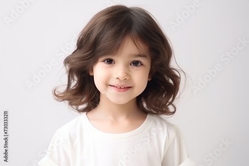 Portrait of a cute little girl with long hair over gray background