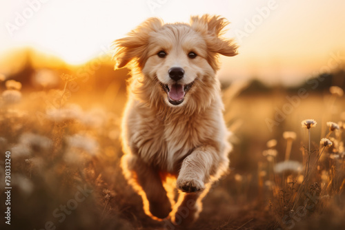 Joyful golden retriever running through field at sunset. Pet happiness and vitality.