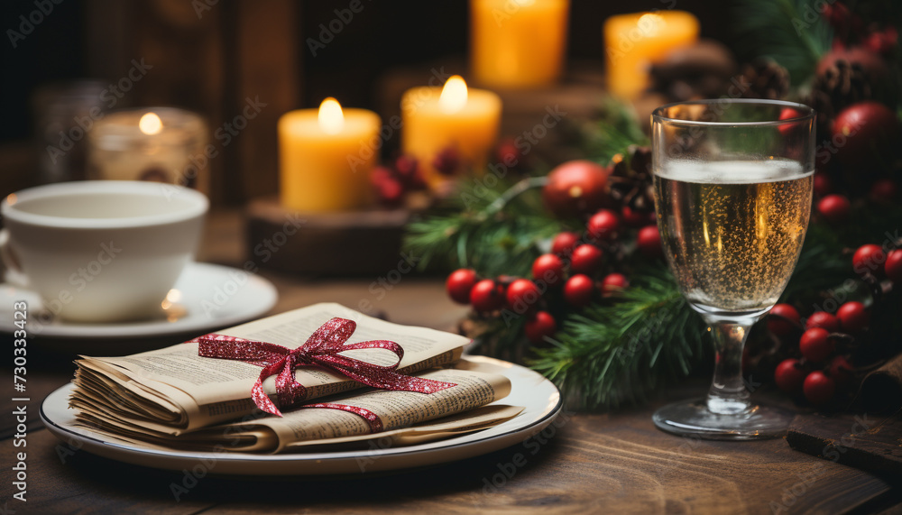 Cozy winter celebration  homemade dessert, candlelight, rustic wood decoration generated by AI