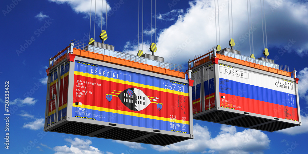 Shipping containers with flags of Eswatini and Russia - 3D illustration