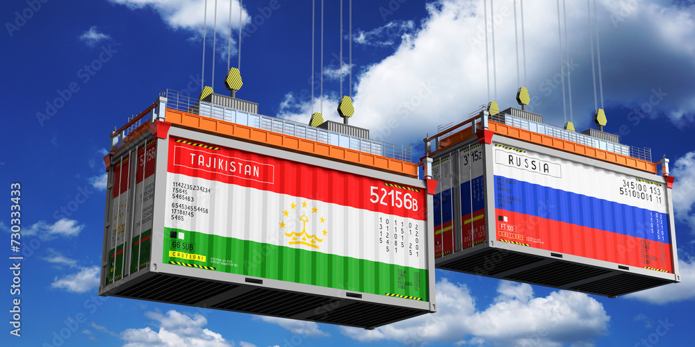 Shipping containers with flags of Tajikistan and Russia - 3D illustration Shipping containers with flags of Tajikistan and Russia - 3D illustration