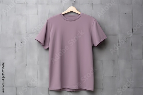 Mauve t shirt is seen against a gray wall