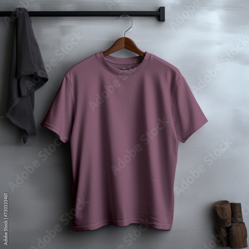 Mauve t shirt is seen against a gray wall