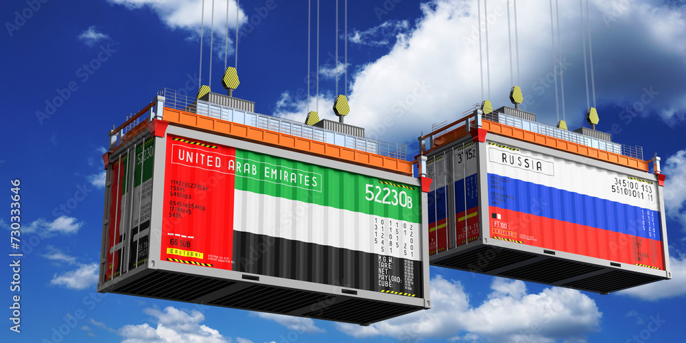 Shipping containers with flags of United Arab Emirates and Russia - 3D illustration