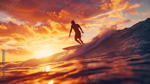 A surfer rides a wave at sunset