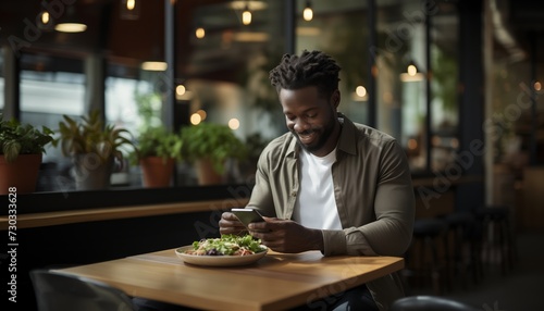 Man using diet app on smartphone, calculating calories of his lunch,  Nutrition, Paleo, Diet application concept photo