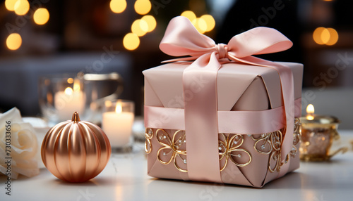 Glowing candle illuminates gift box, celebrating winter season generated by AI
