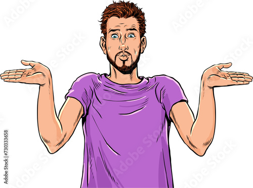 Pop Art Retro The guy in the purple T-shirt throws up his hands in puzzlement. Don't understand the task that faces you. Be surprised by the question and the situation.