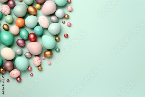 Mint background with colorful easter eggs round frame
