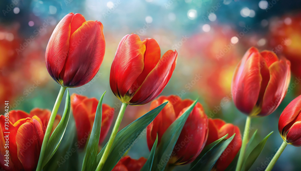 Piękne czerwone tulipany, tapeta wiosenne kwiaty - obrazy, fototapety, plakaty 