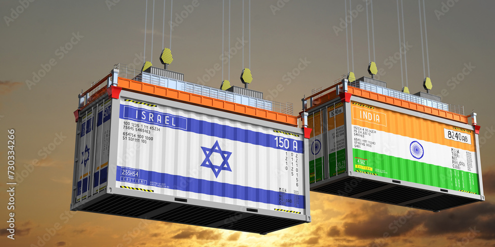 Shipping containers with flags of Israel and India - 3D illustration