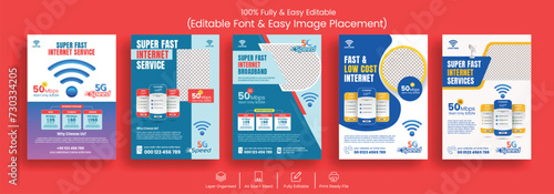 Set of editable print ready flyer or poster for Broadband internet service and wifi Network connection leaflet, telecommunication brochure cover template design