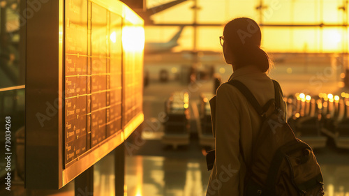 Silhouette young tourist look at flight information board with golden light at airport .