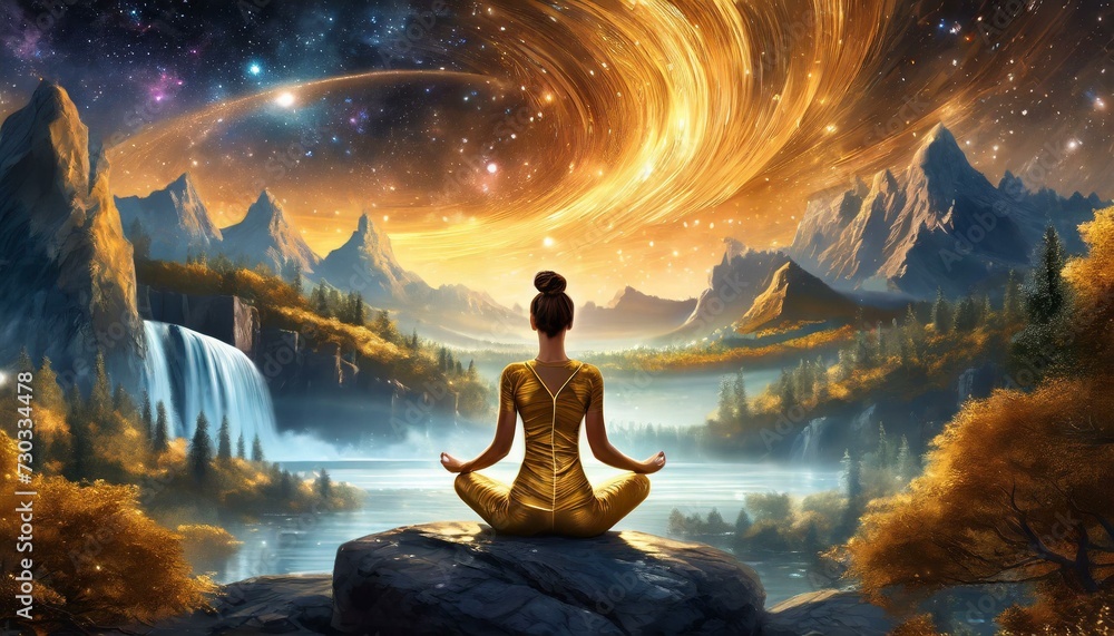Buddhist in front of epic landscape, meditating, colorful sky, universe with stars and galaxies