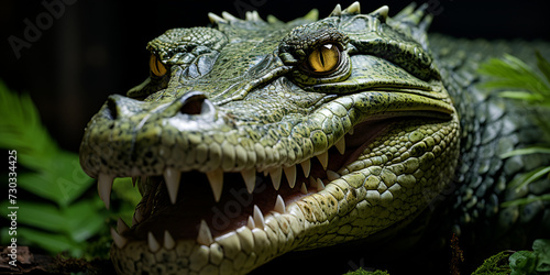 A close up of a statue of a dragon Crocodile with its mouth wide open with a green lake in the green background.  © hamzarao