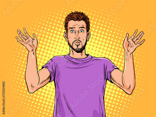 Pop Art Retro A guy in a purple T-shirt raises his hands up. Surrender to the problem that has arisen. Get scared of the situation and quit.