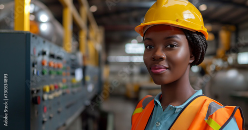 a woman african manufacturing worker with helmet and bright safety vest in front of machine © boyhey