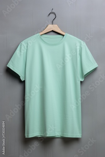 Mint t shirt is seen against a gray wall