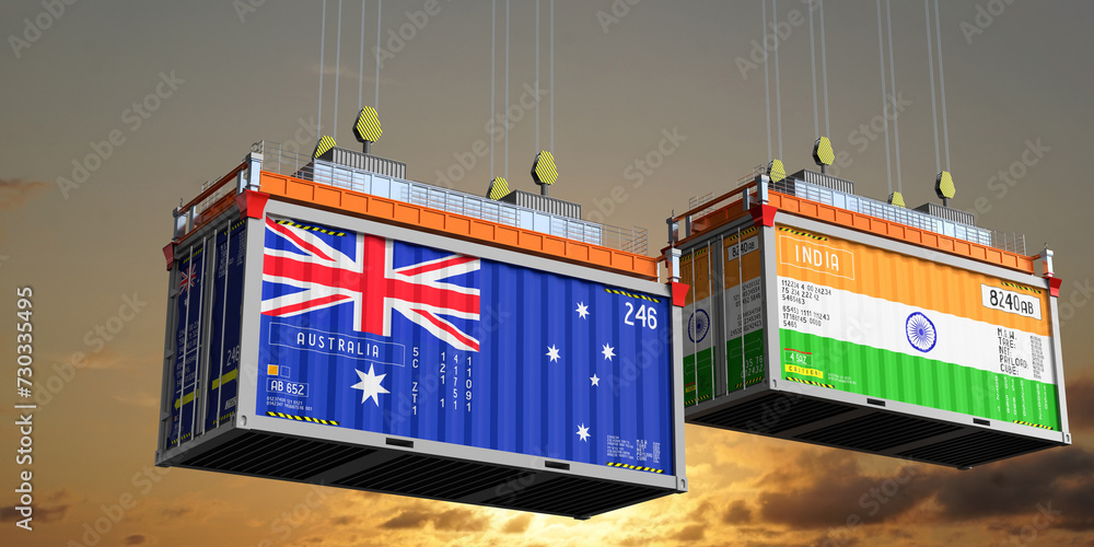Shipping containers with flags of Australia and India - 3D illustration