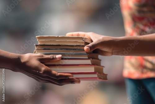 Closeup of an exchange of a stack of books between hands, a symbolic passing on of stories, wisdom, and heritage