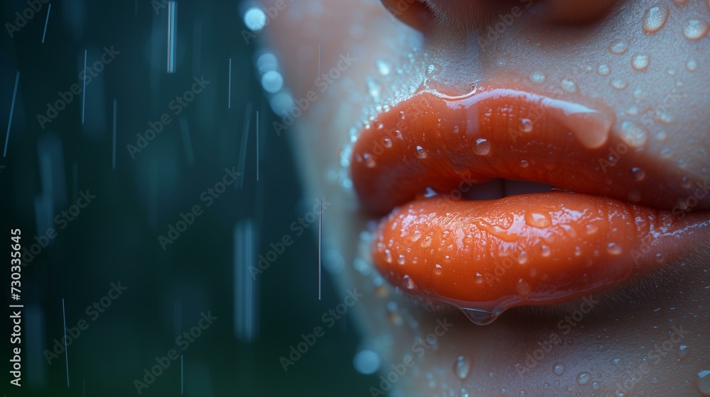 Obraz premium Close-Up of Wet Orange Lips in Rain