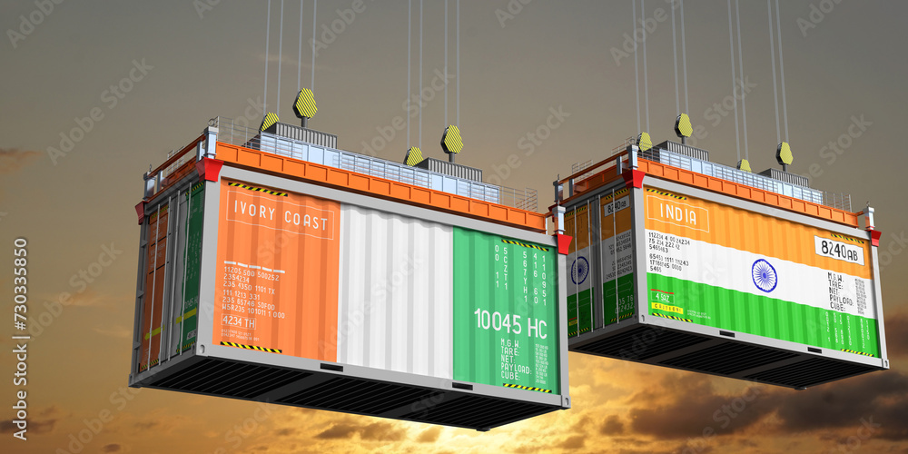 Shipping containers with flags of Ivory Coast and India - 3D illustration
