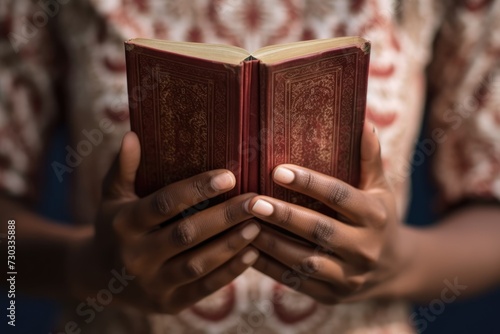 Delicate afroamerican woman hands hold an ornate red book, poised against a patterned backdrop, invoking a sense of tradition and literary beauty