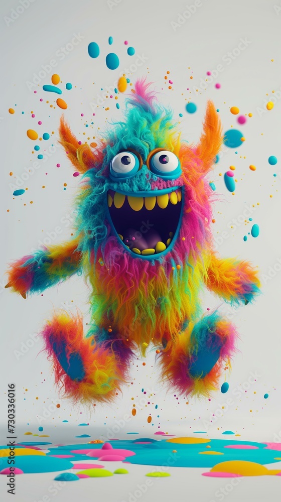 Jumping Colorful Monster with Paint Splashes in a Lively Digital Illustration