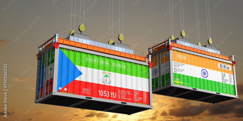 Shipping containers with flags of Equatorial Guinea and India - 3D illustration