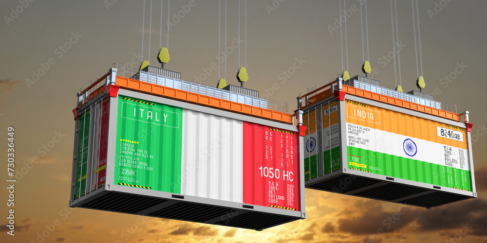 Shipping containers with flags of Italy and India - 3D illustration