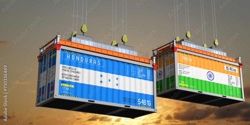Shipping containers with flags of Honduras and India - 3D illustration