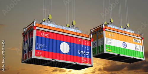 Fototapeta Naklejka Na Ścianę i Meble -  Shipping containers with flags of Laos and India - 3D illustration