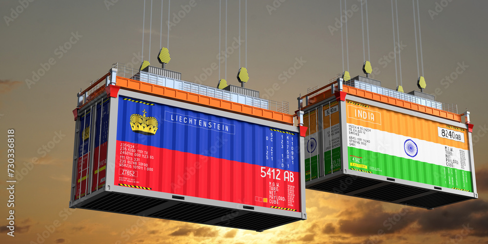 Shipping containers with flags of Liechtenstein and India - 3D illustration