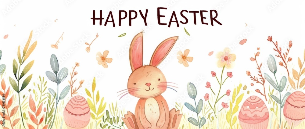 Obraz premium HAPPY EASTER a colorful Easter card featuring a cartoon rabbit Generative AI